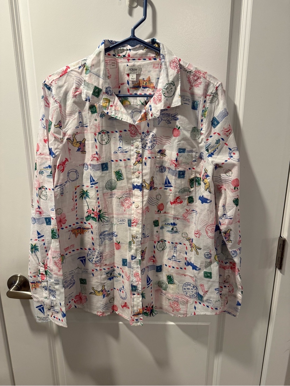 J. Crew White Casual Button-Down Shirt with Multicolor Travel Print